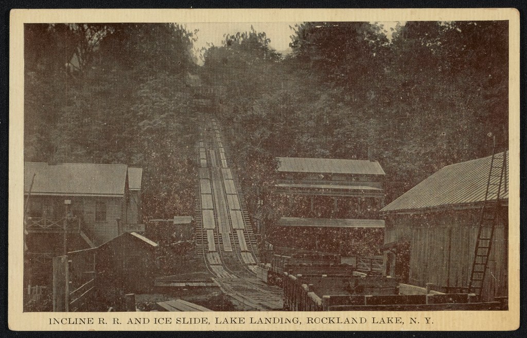 Image of the railway that conveyed ice shipments over Hook Mountain to Hudson River docks. From the Robert Knight Digital Postcard Collection at the New City Library
